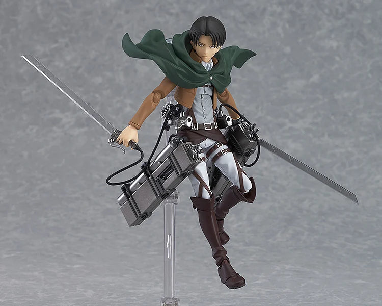 Levi figma figure with interchangeable faceplates, hand parts, dual blades, and maneuvering equipment. Highly articulated plastic material.