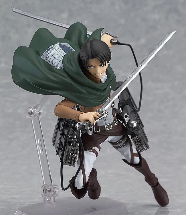 Levi figma figure with interchangeable faceplates, hand parts, dual blades, and maneuvering equipment. Highly articulated plastic material.